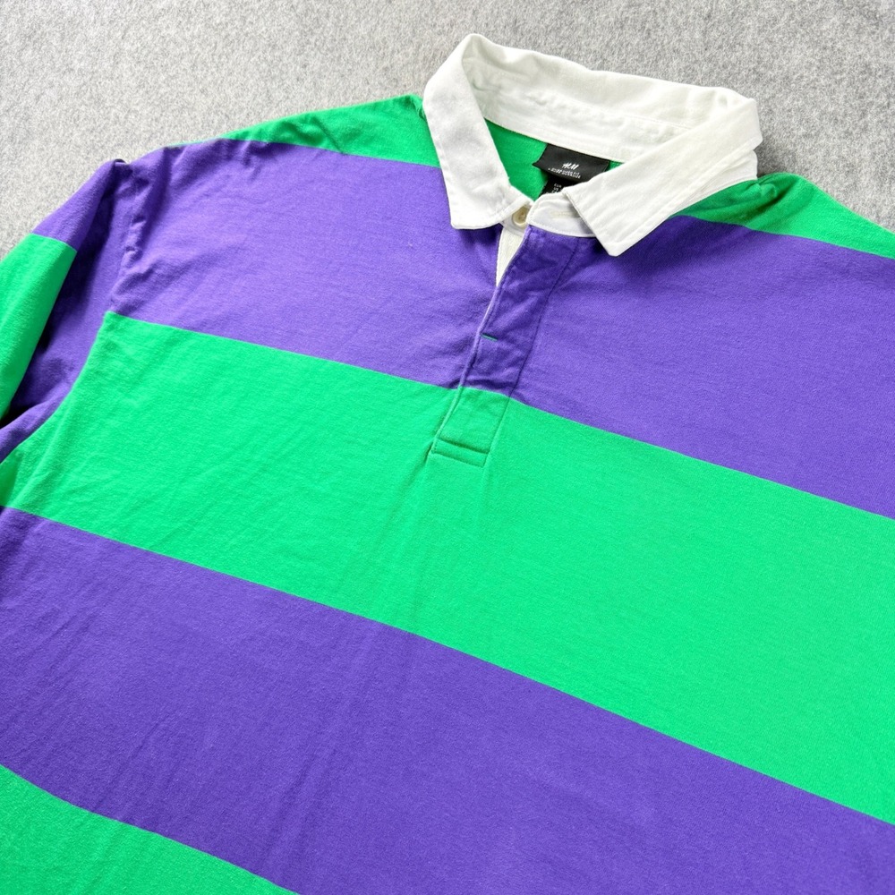H&M‎ Polo Shirt Mens 2XL Green Navy Stripe Rugby Long Sleeve Top 90s Style